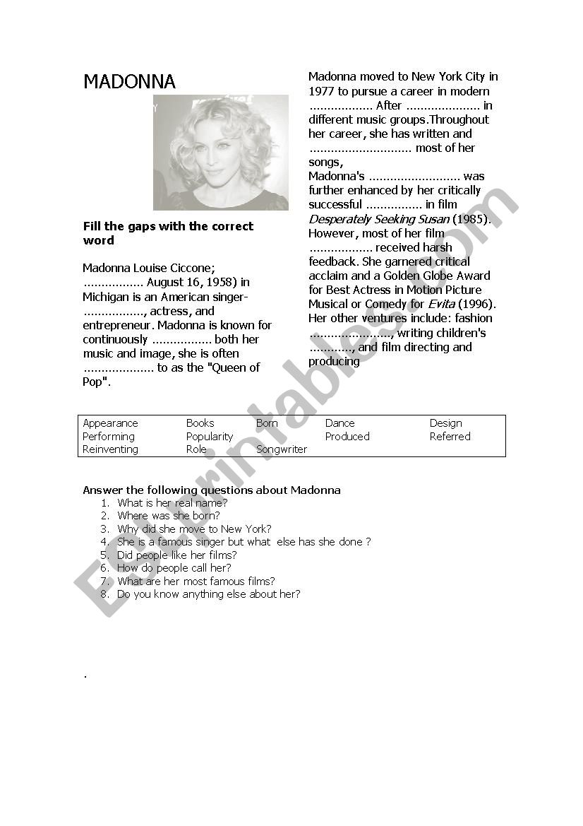 material girl worksheet