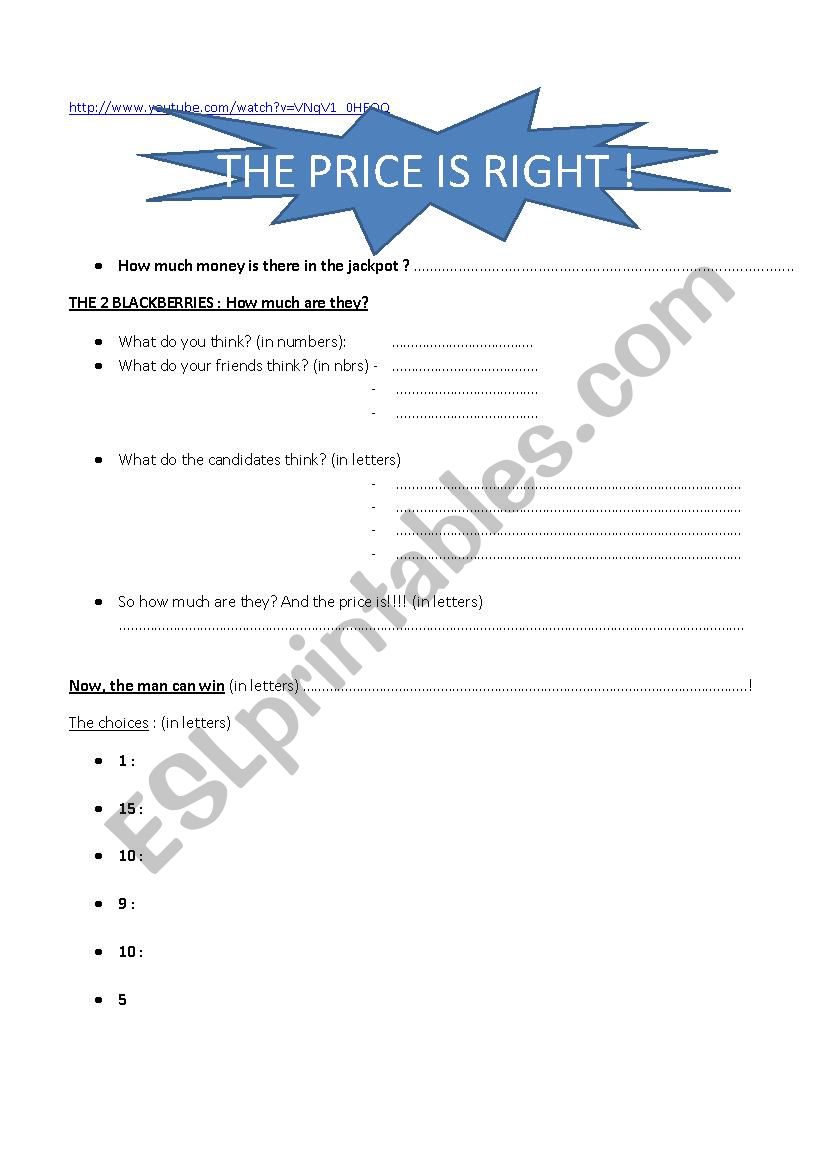 How much? The Price is Right! worksheet
