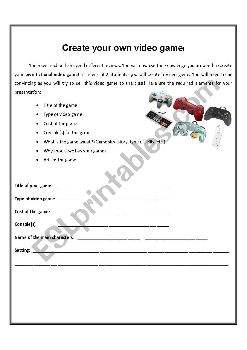 Create your Own Video Game worksheet