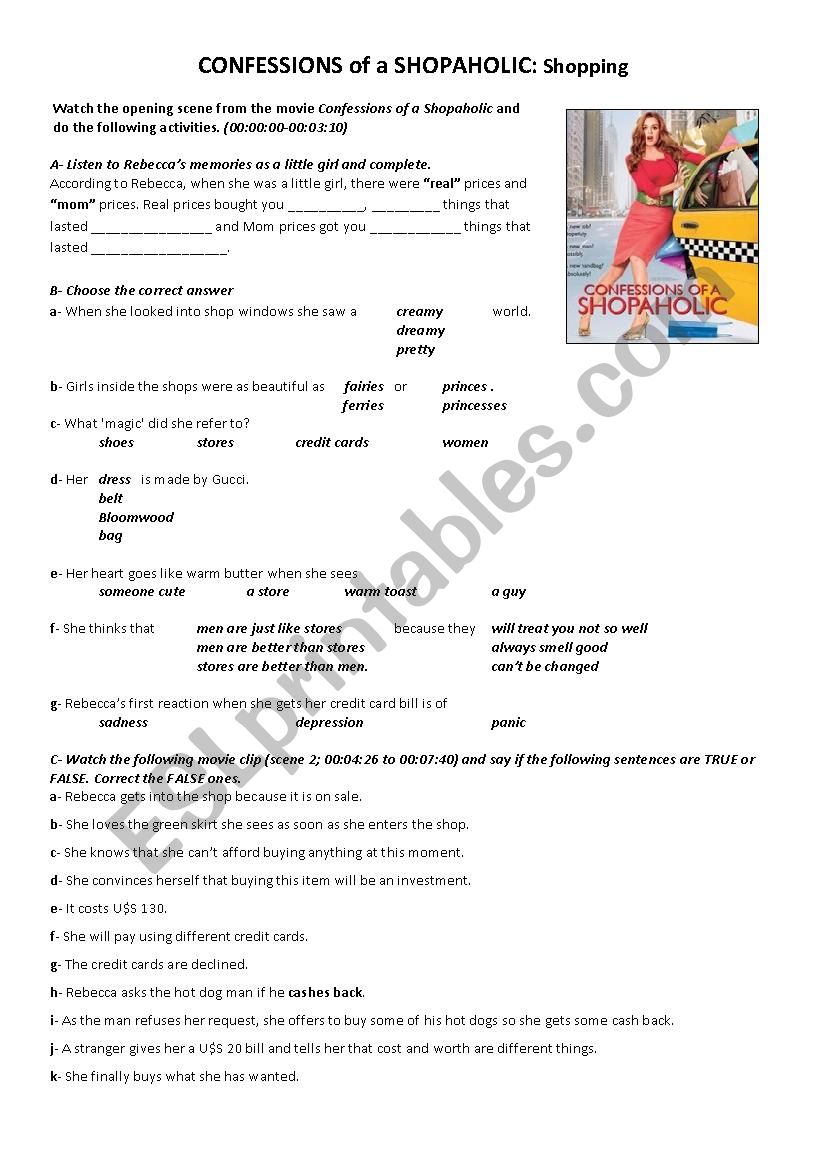 CONFESSIONS of a SHOPAHOLIC worksheet