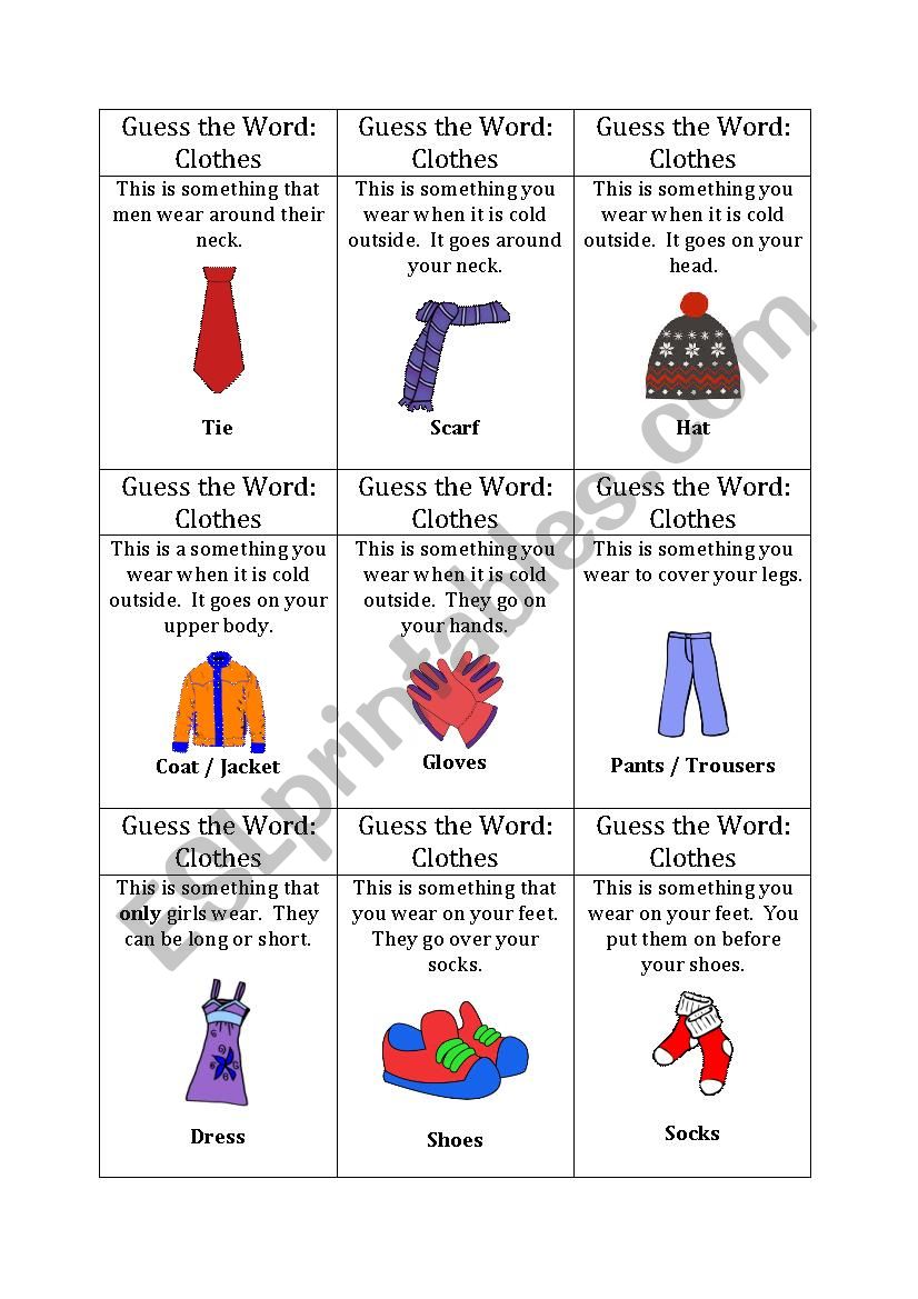 Guess the word game (clothes) worksheet