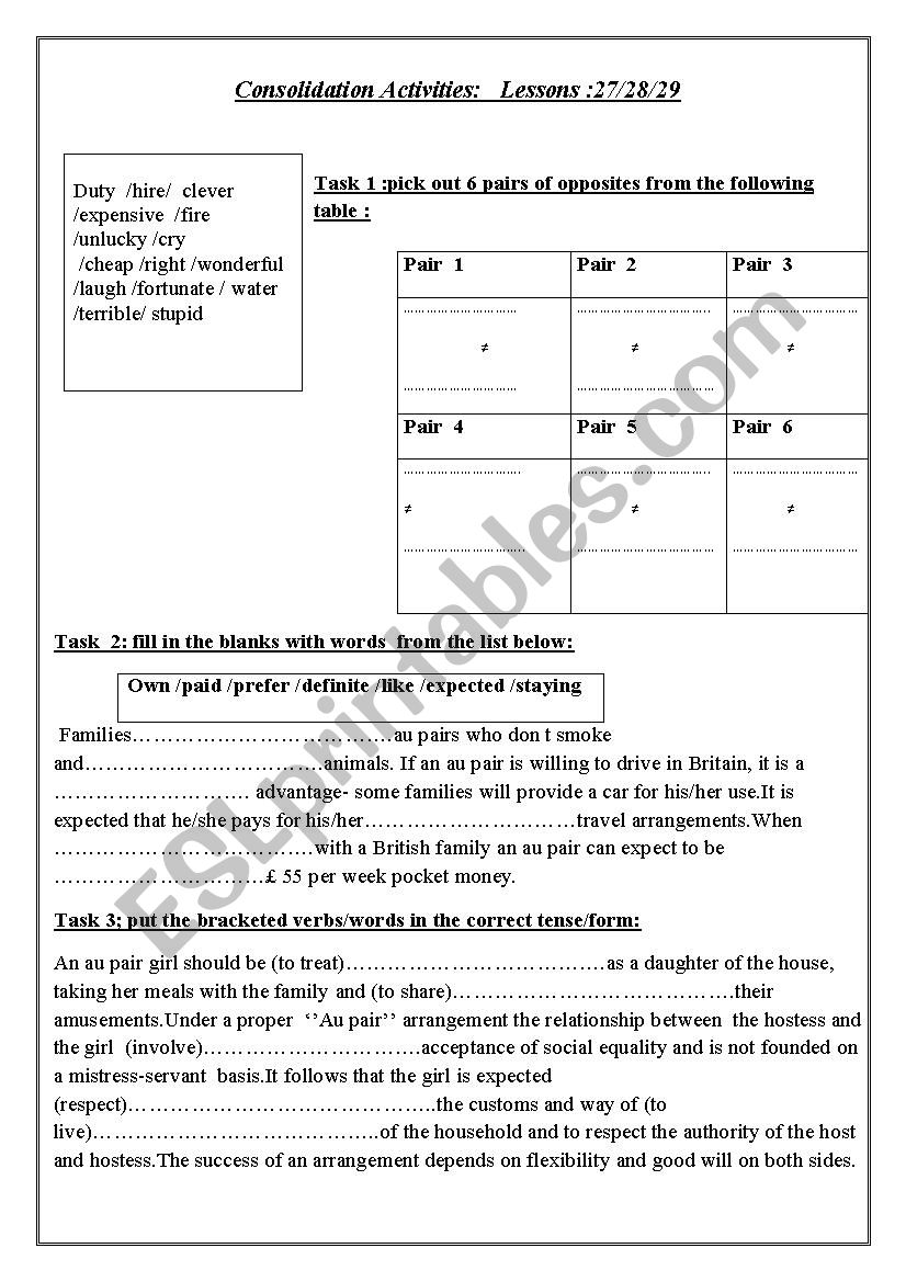 consolidation activities lessons 27/28/29 Level :1 st year(tunisian program)