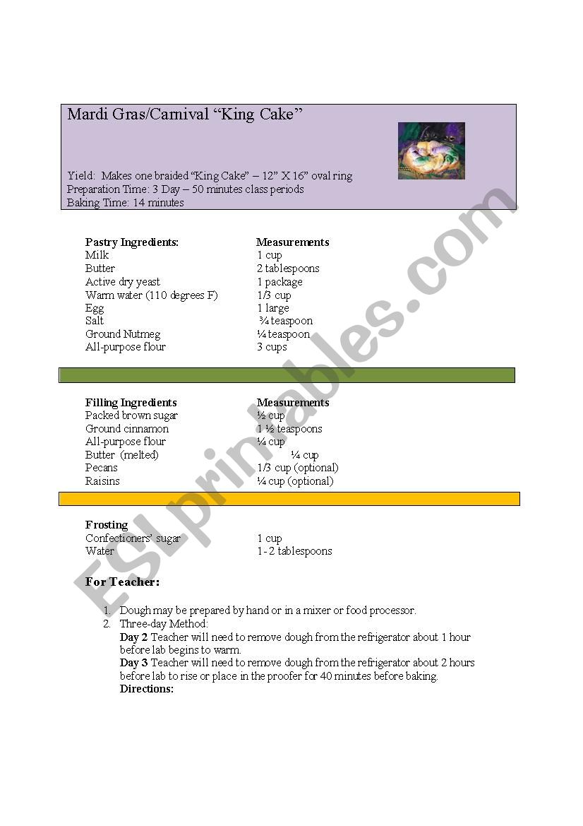 King Cake Lesson Plan worksheet