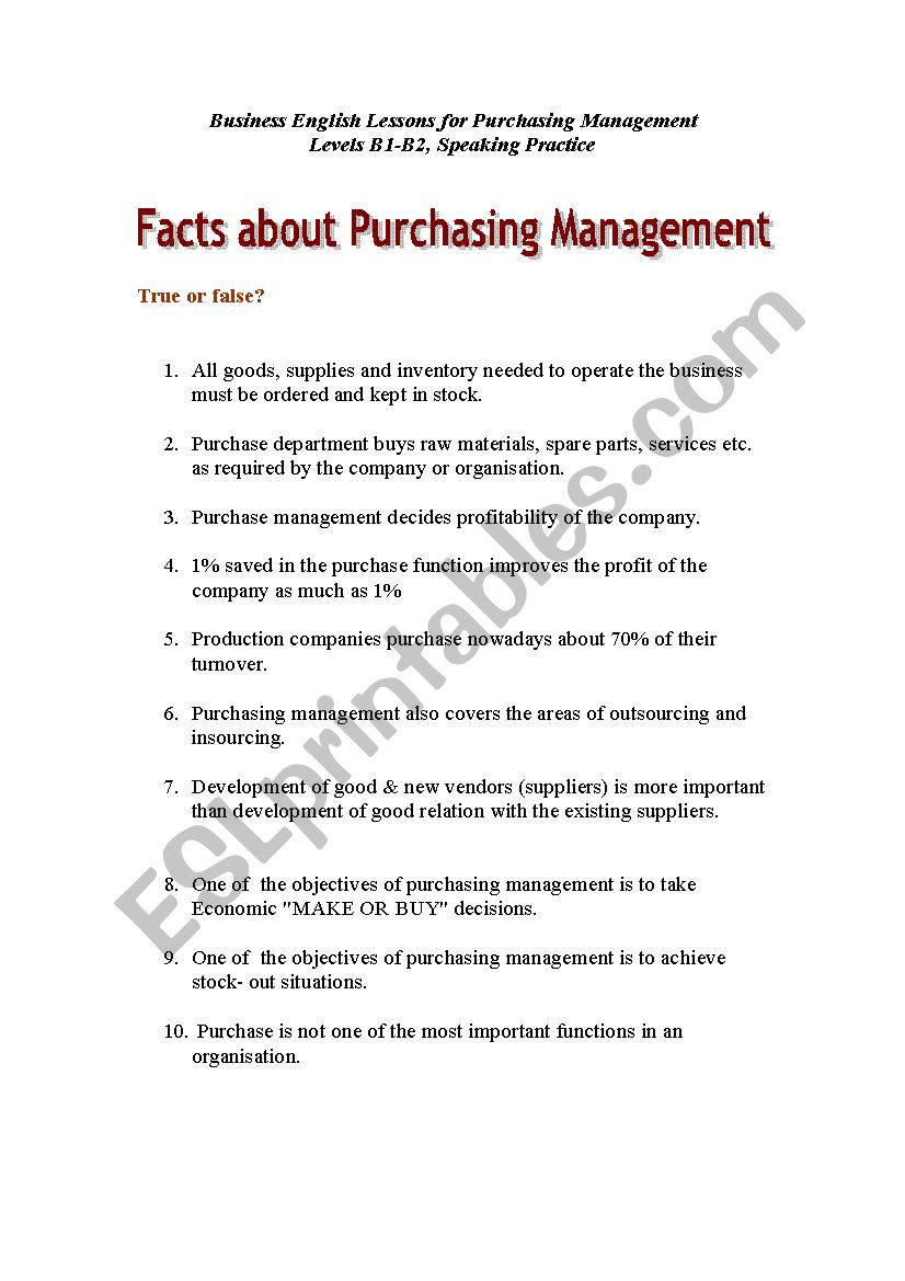Facts about Purchasing Management, True or False Speaking Activity