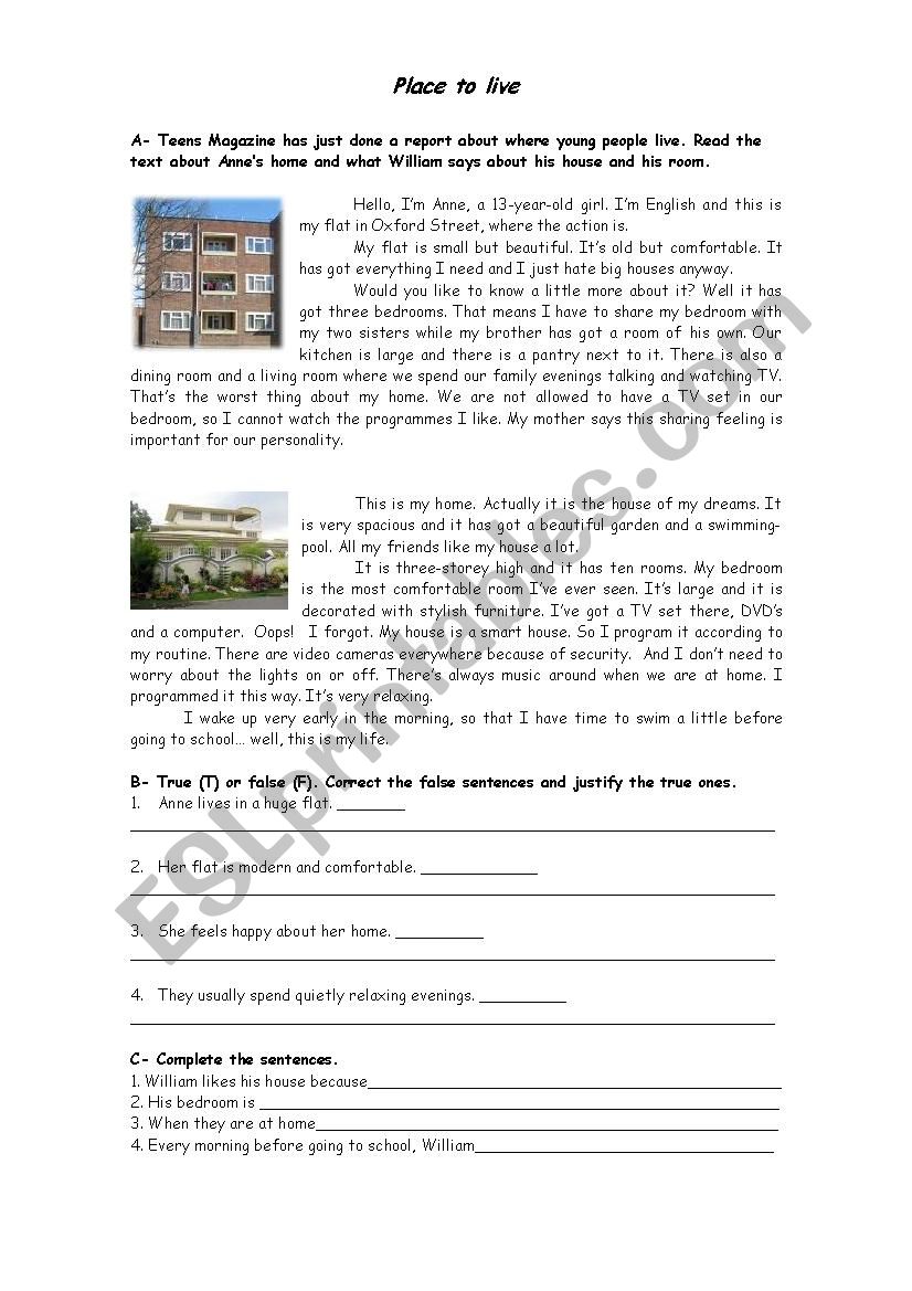 A place to live  worksheet