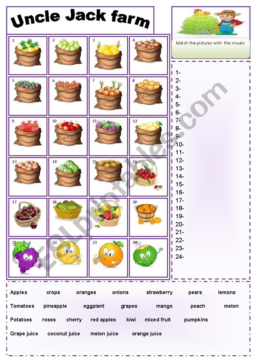 farm  products matching worksheet