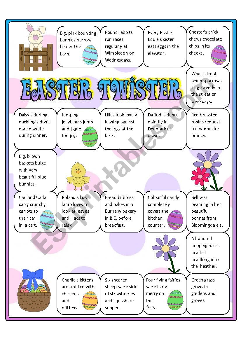 Easter Twister Boardgame with Tongue Twisters