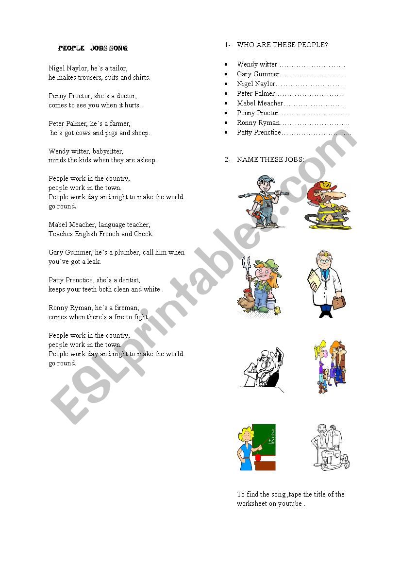 people job song  worksheet