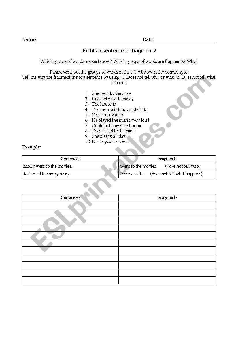 Sentence Versus Fragments ESL Worksheet By Magicbeans22