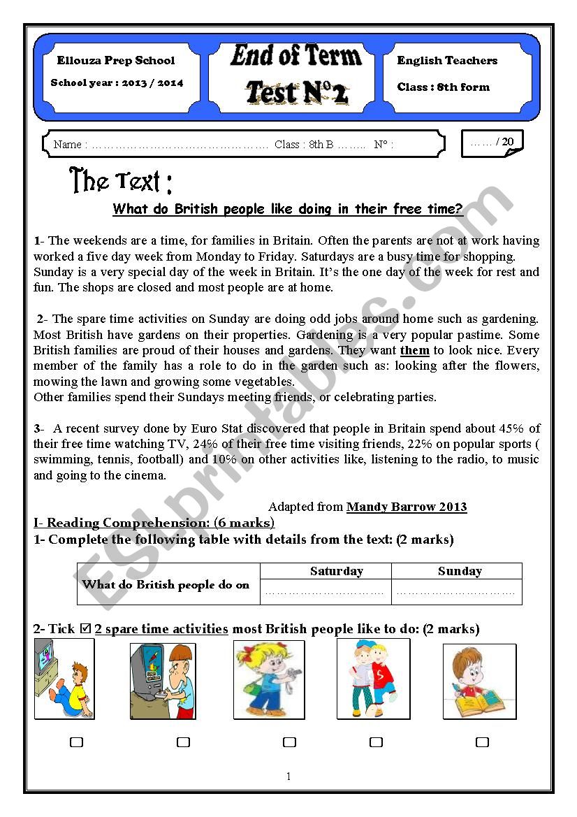 End of term 2 8th Form worksheet