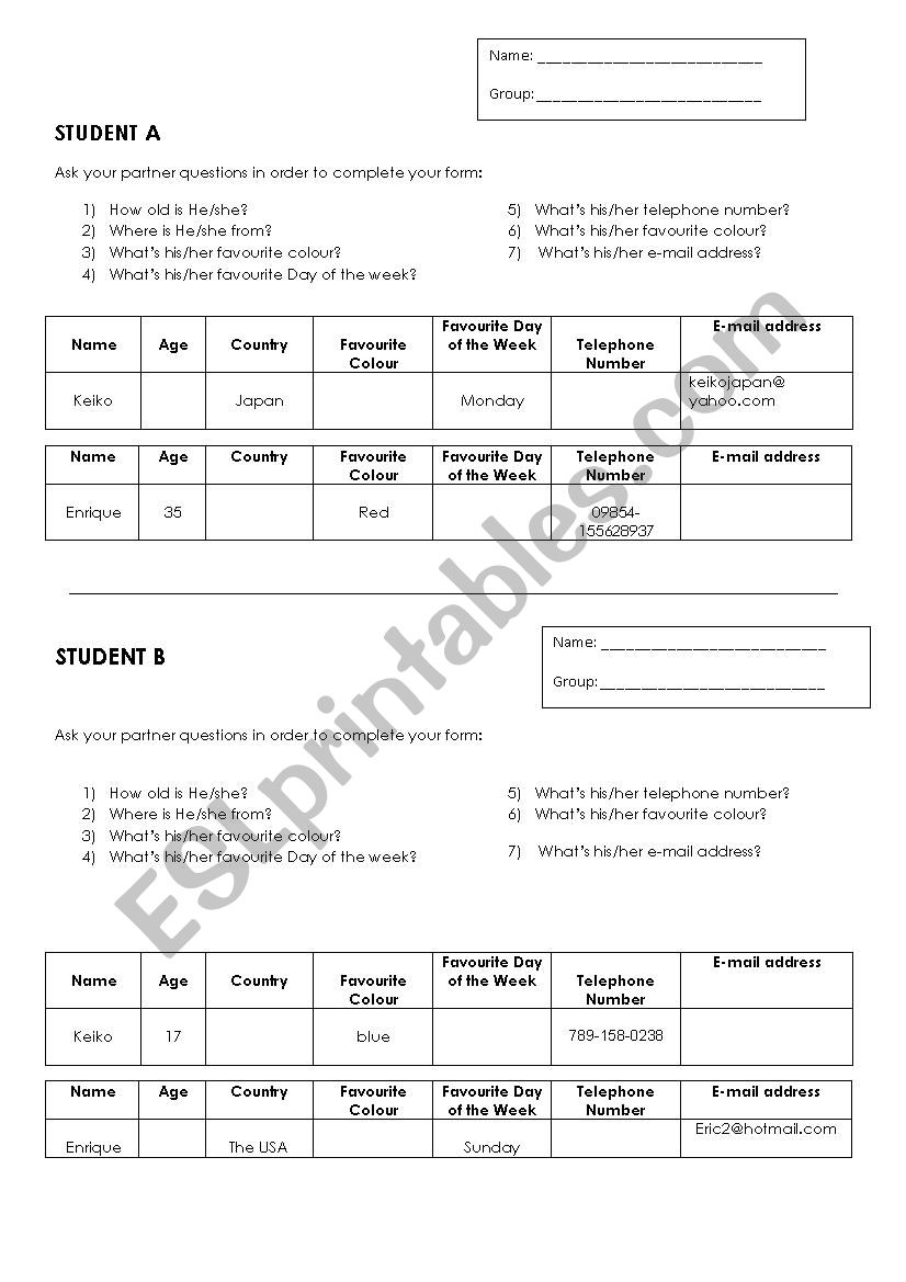 Pair work for practicing personal information
