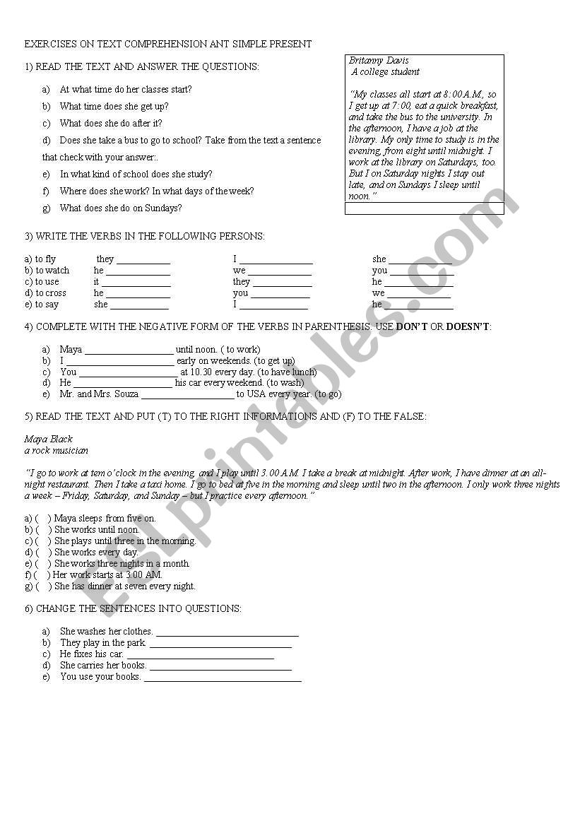 text comprehension and simple present test