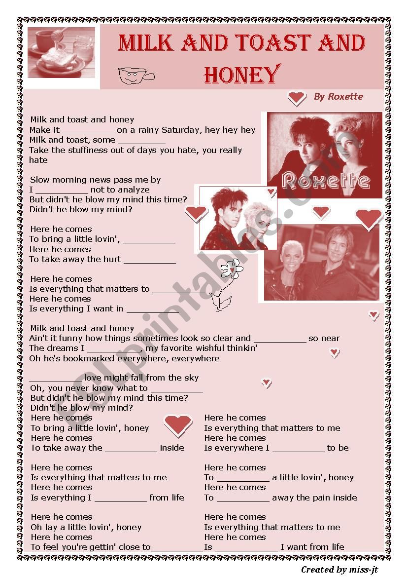 Roxette - Milk and Toast and Honey (song worksheet)