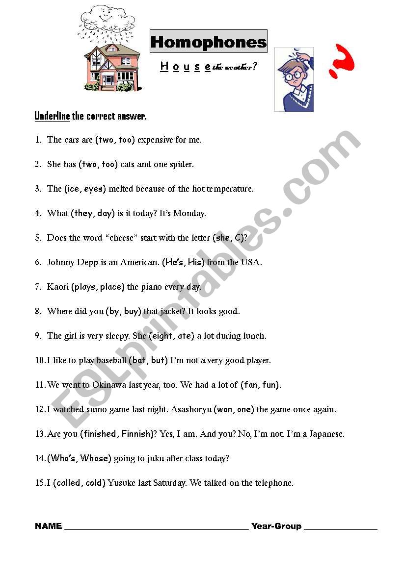 Homophones Quiz worksheet