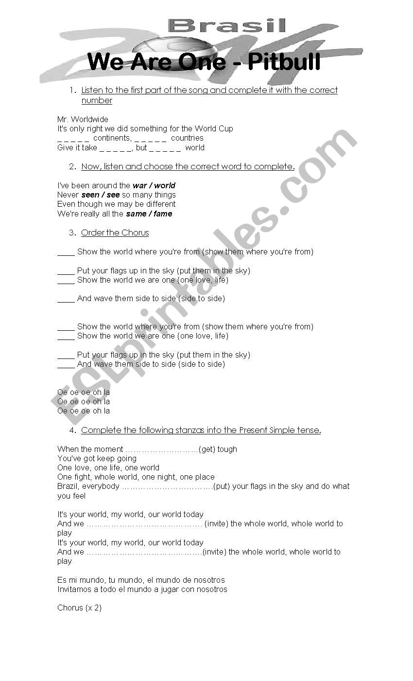 FIFA world cup song 2014 worksheet