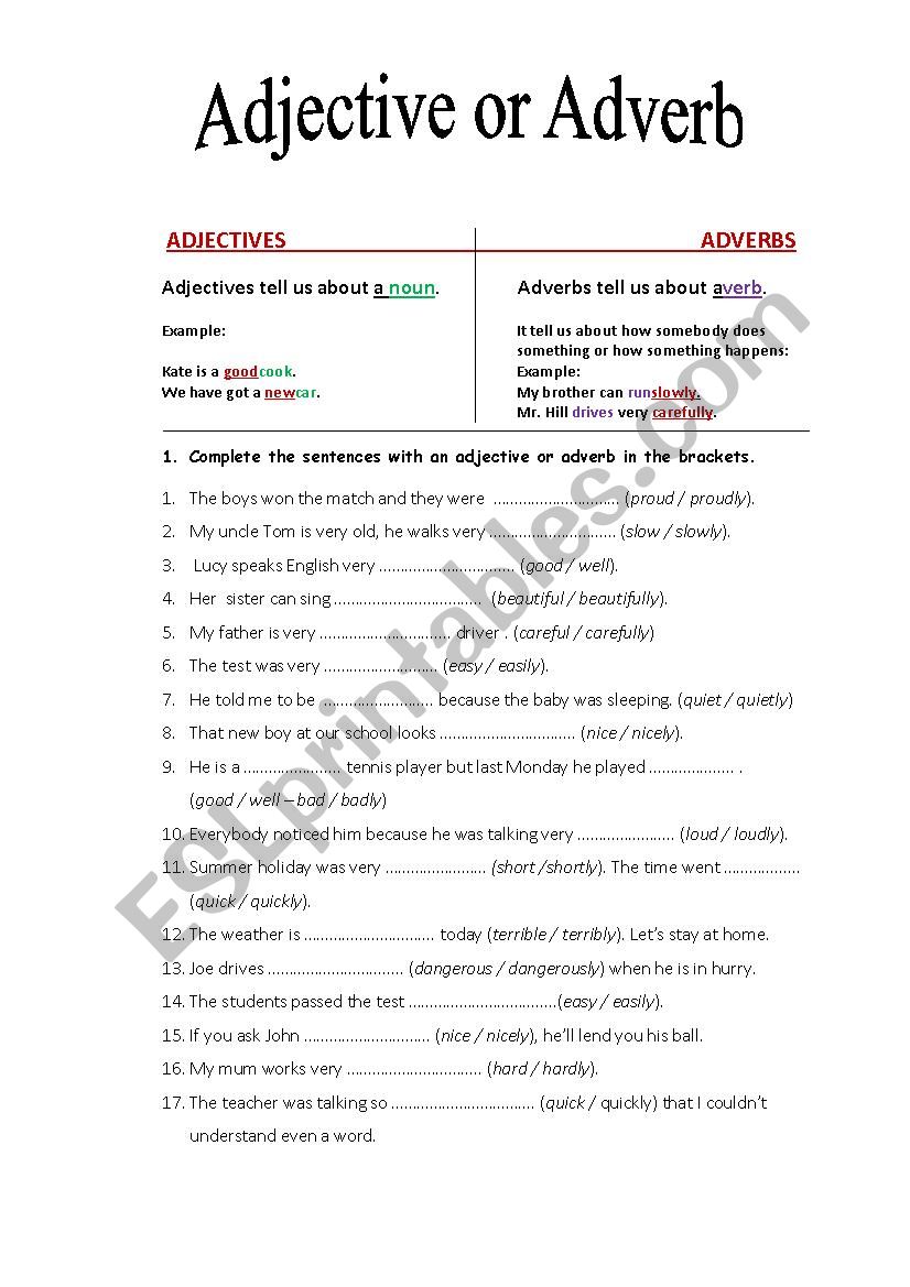 Adjective or adverb worksheet