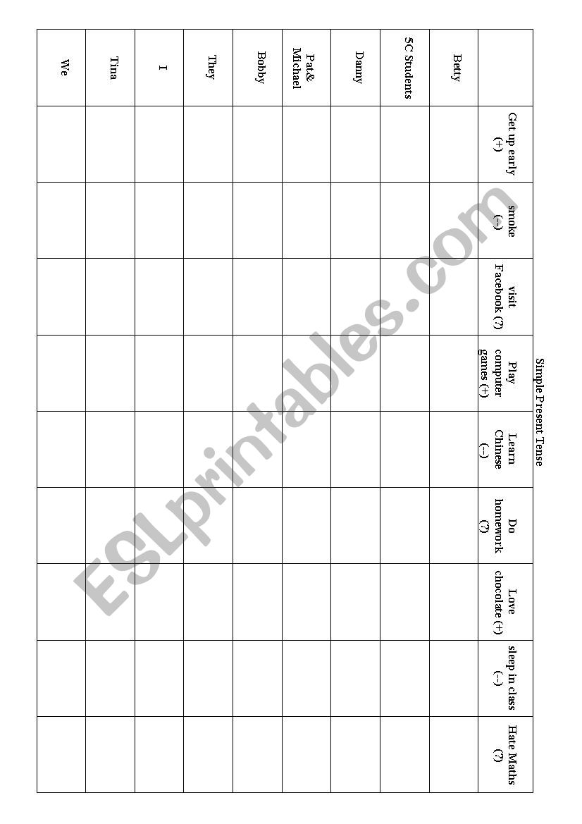 Simple Present Tense Grid worksheet