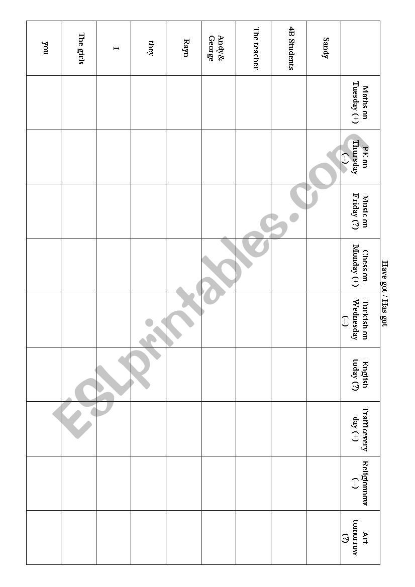 Have got / Has got Grid worksheet