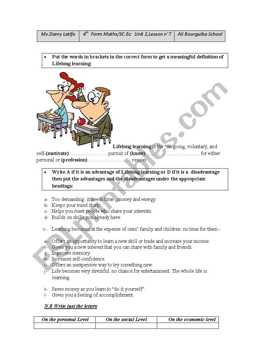 Lifelong Learning worksheet