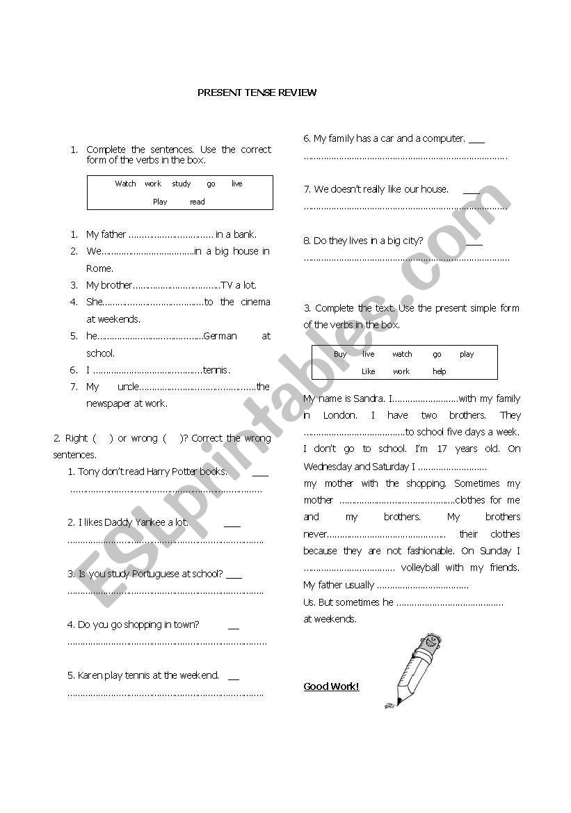 Present Tense Review worksheet