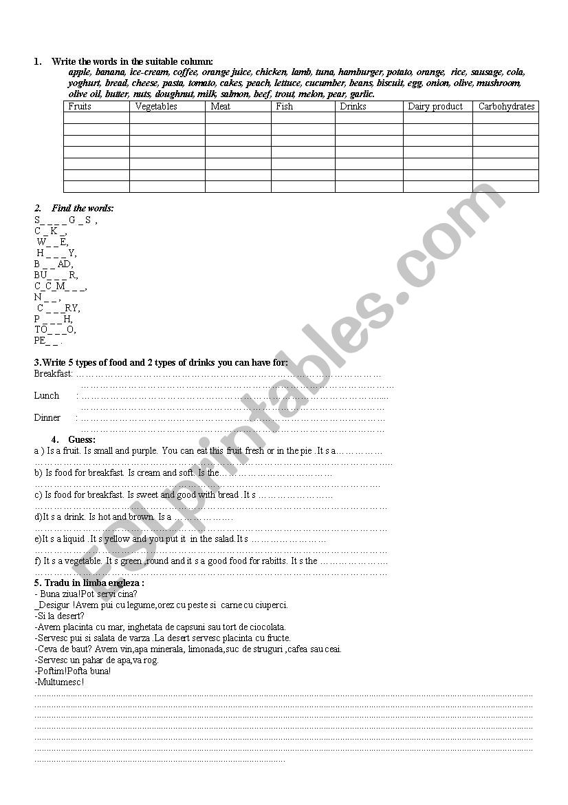 food and drinks worksheet