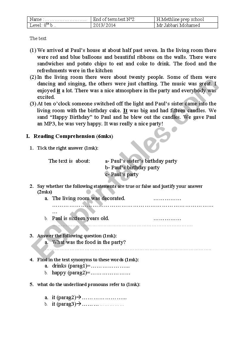 end of term test 2 worksheet