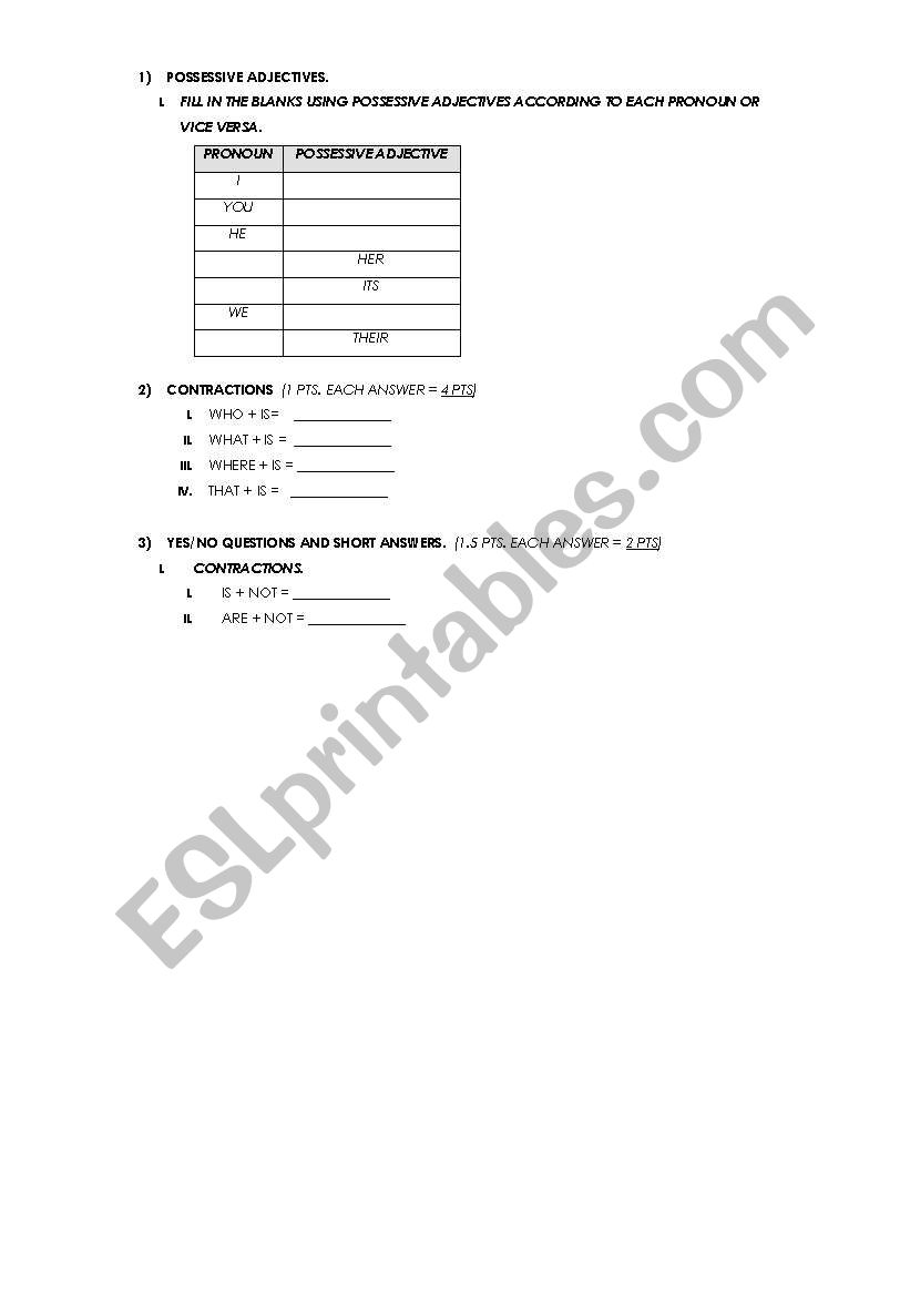 possesive adjectives and contractions