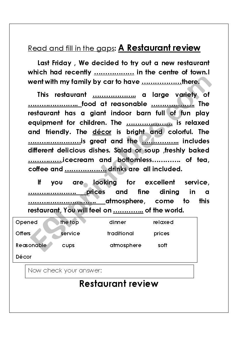 A restaurant Review worksheet