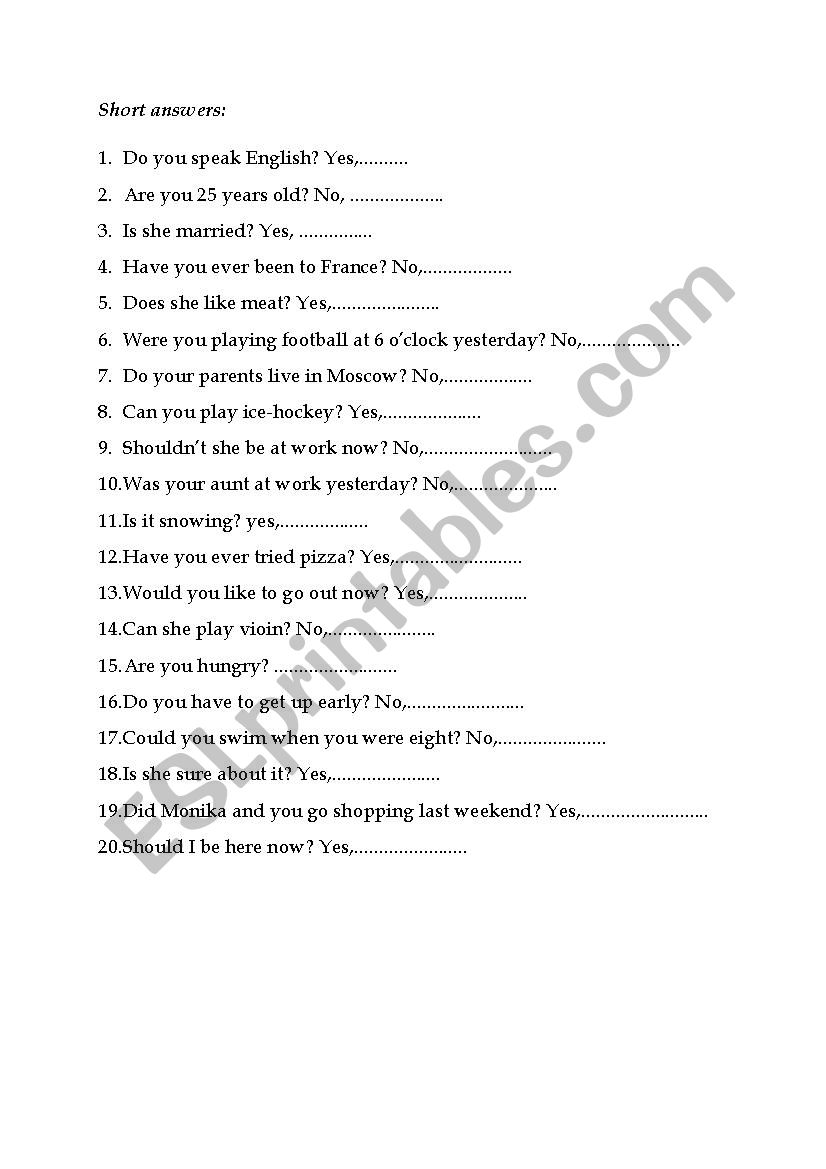 short answers worksheet