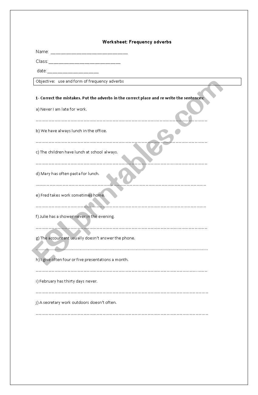 Frequency adverbs worksheet