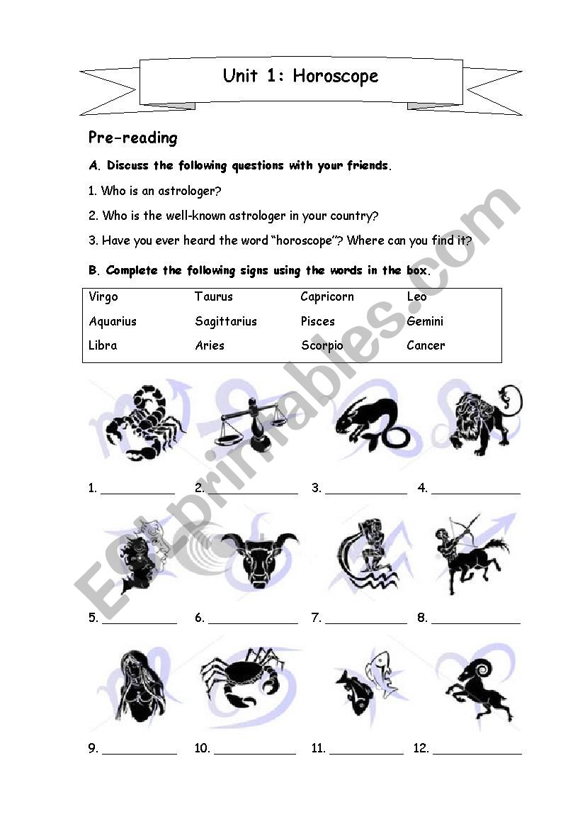 Reading: Zodiac worksheet