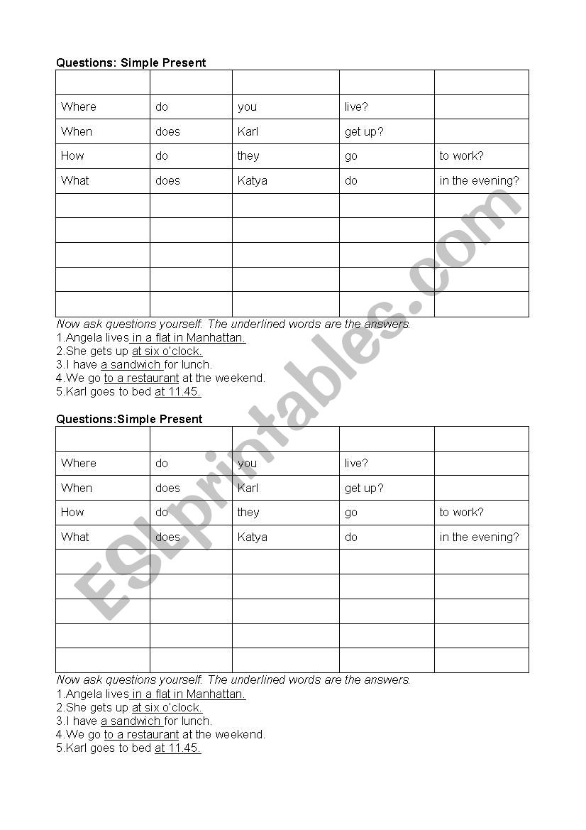 Questions: Simple Present worksheet