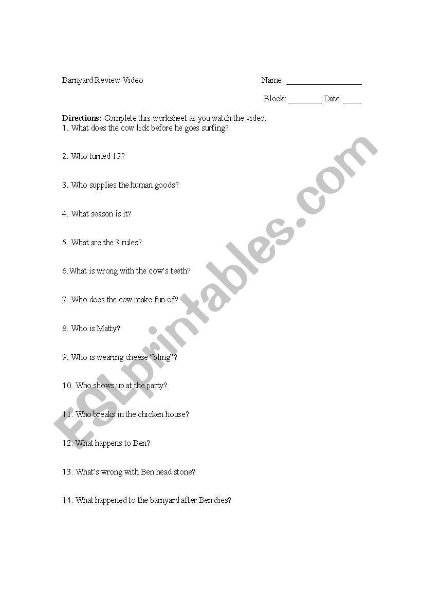 Barnyard Movie Worksheet worksheet