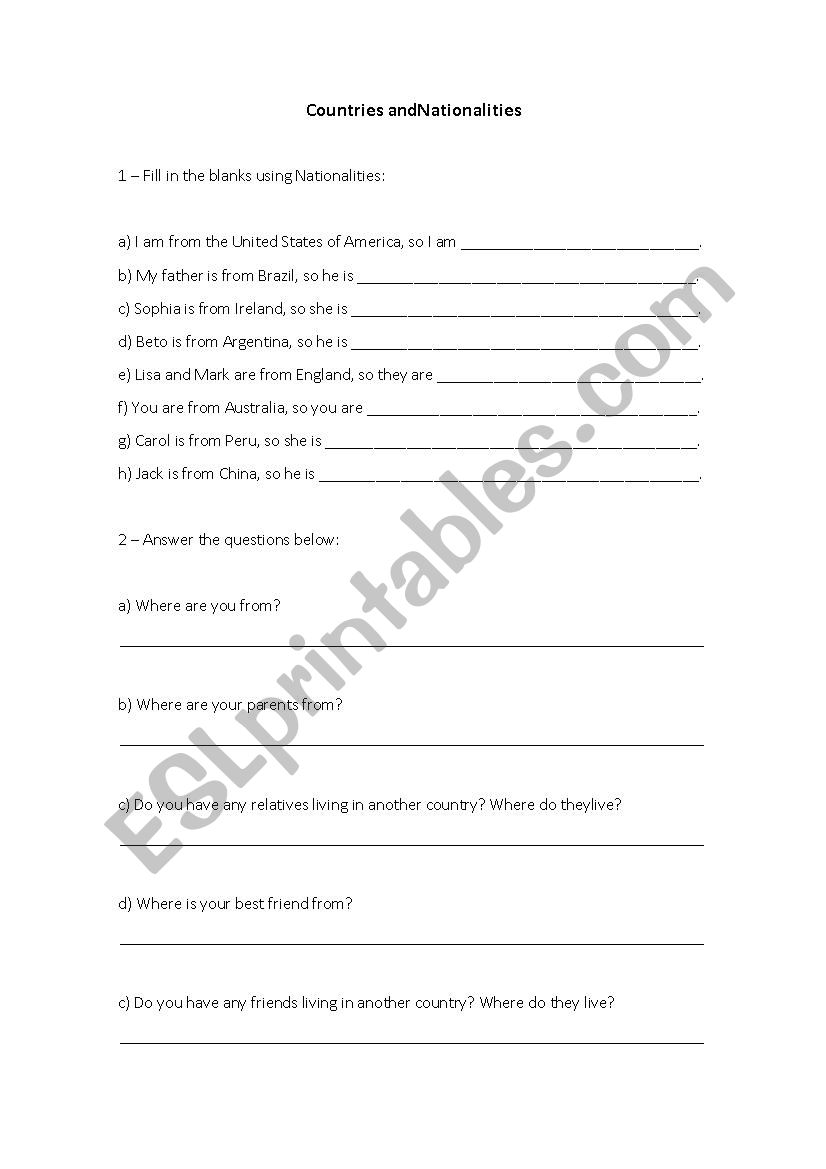 Countries and Nationalities worksheet