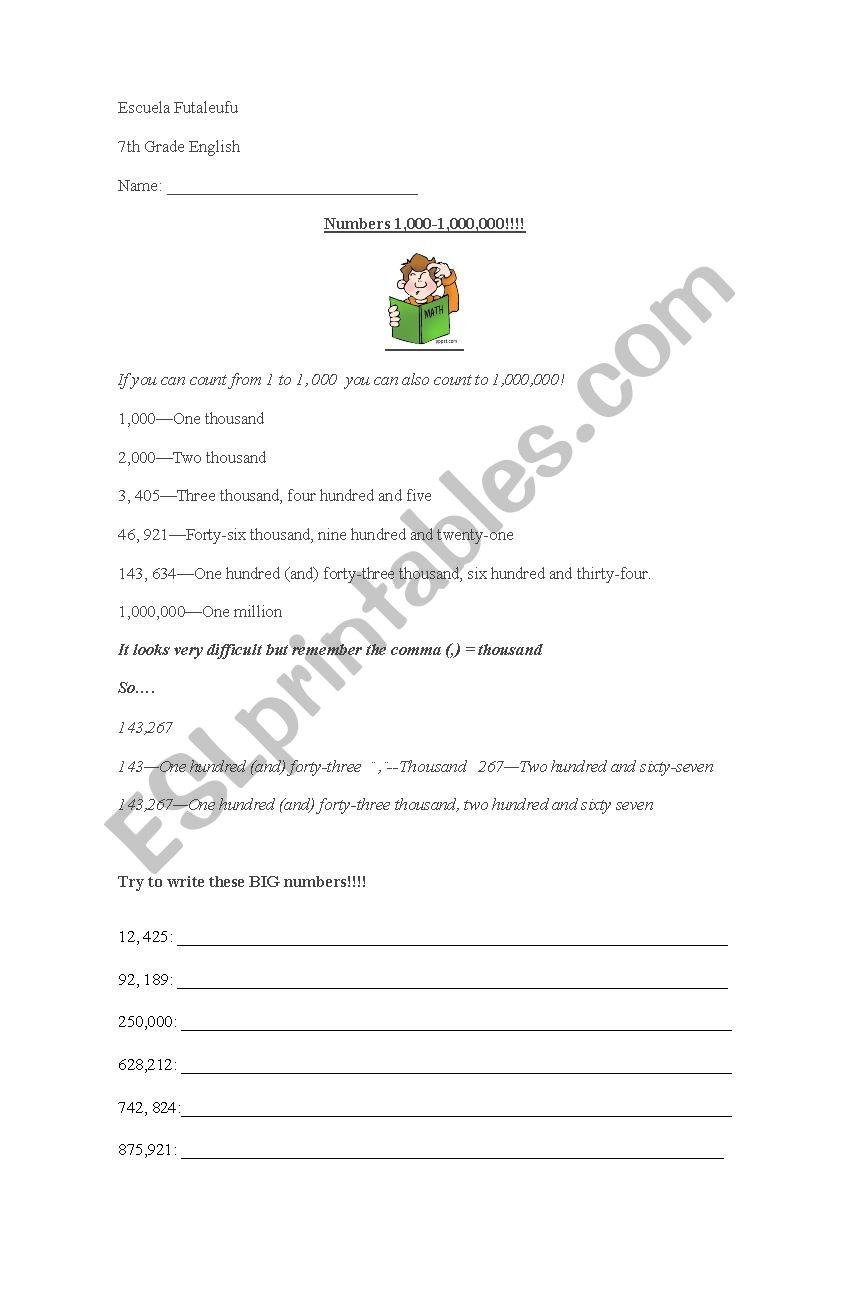 Numbers 1,000 to 1,000,000 worksheet