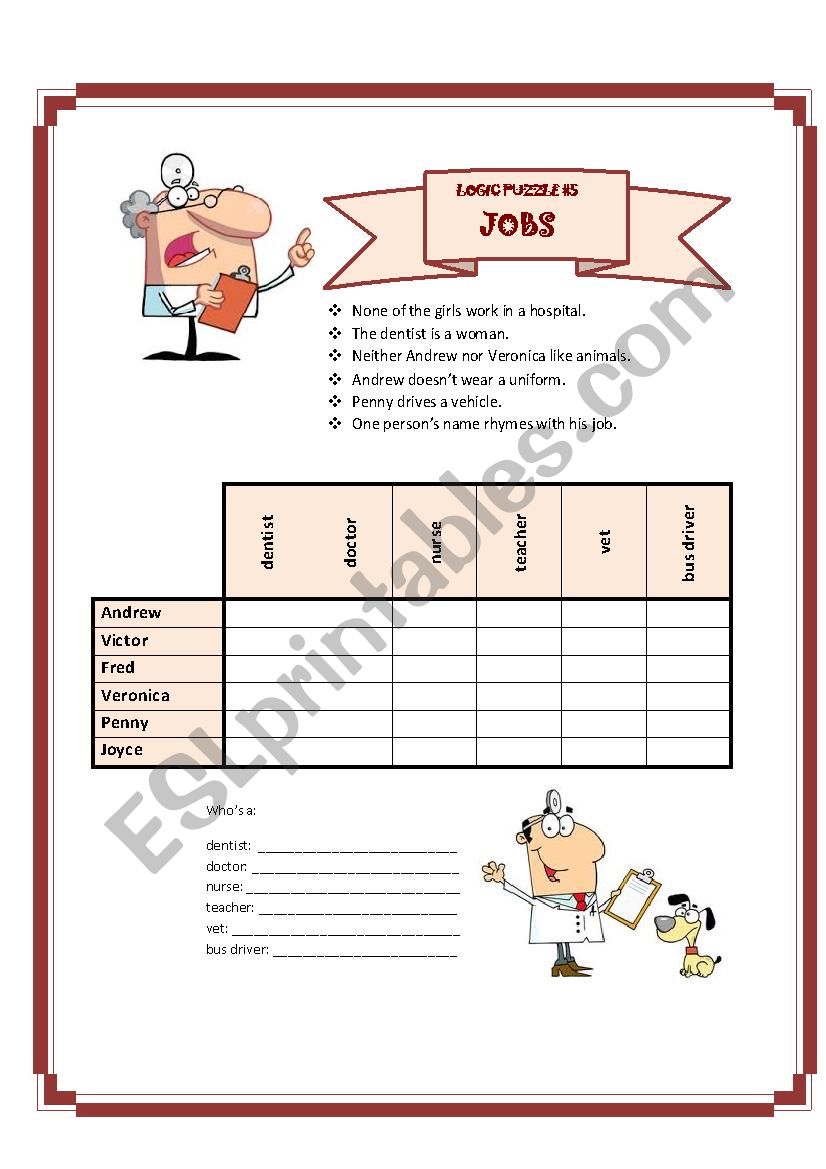 Logic Puzzle 5 - Jobs worksheet