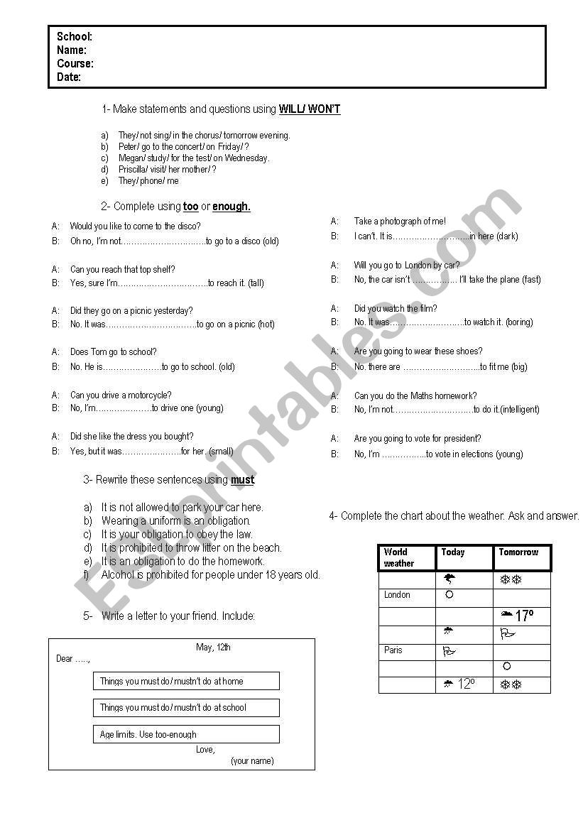 Test MUST WILL worksheet