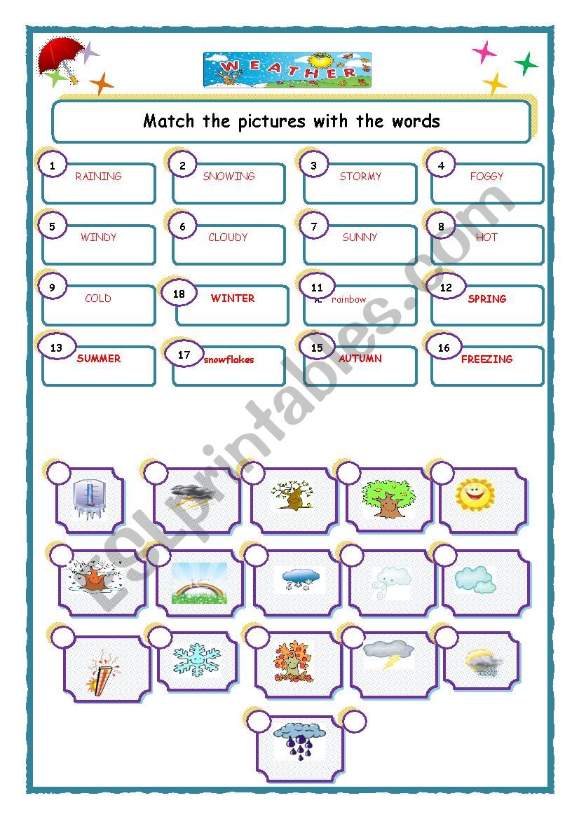 matching words and pictures by writing the corresponding numbers weather