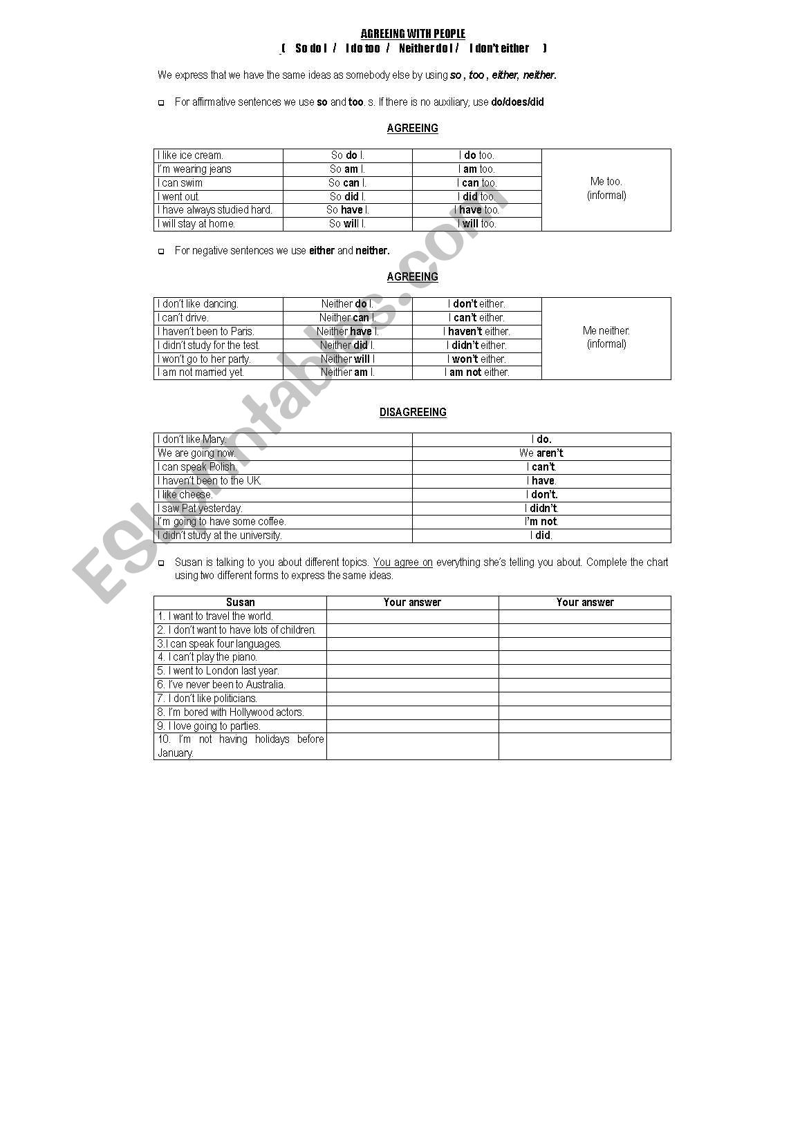 AGREEING AND DISAGREEING worksheet