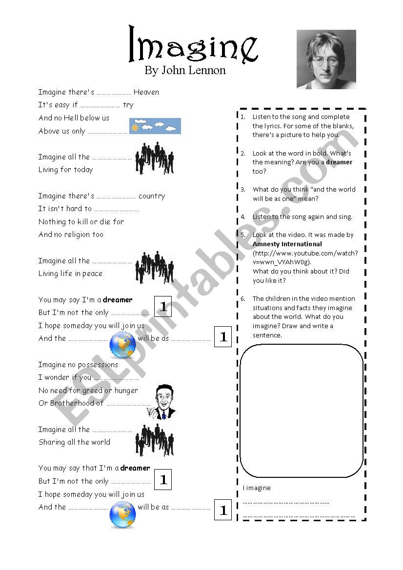 Song: IMAGINE - John Lennon - English ESL Worksheets for distance learning  and physical classrooms