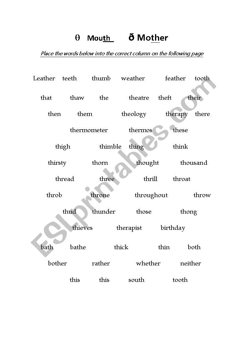 IPA /th/ word sounds worksheet
