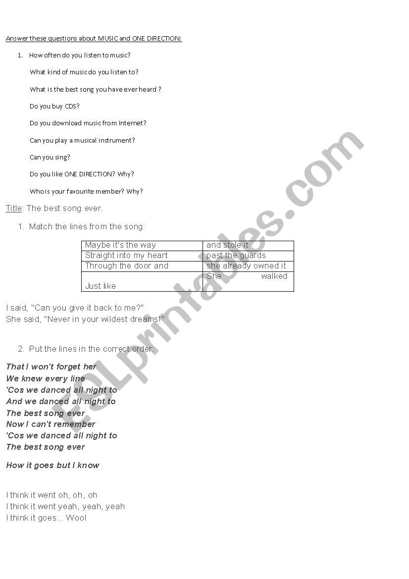 The best song ever worksheet