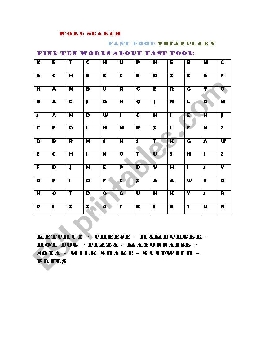 Word search - Fast Food Vocabulary