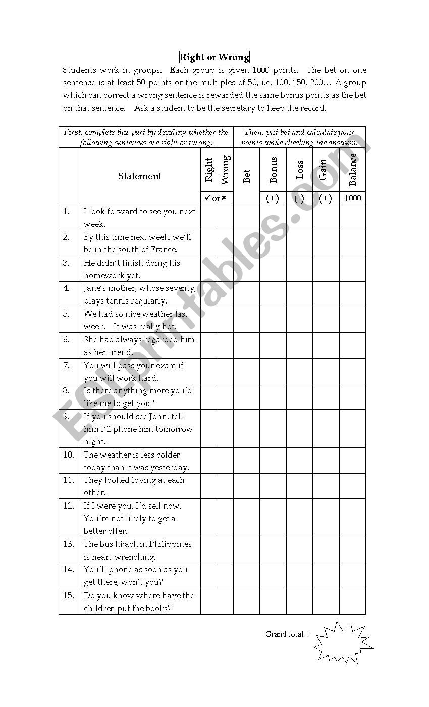 Right or Wrong worksheet
