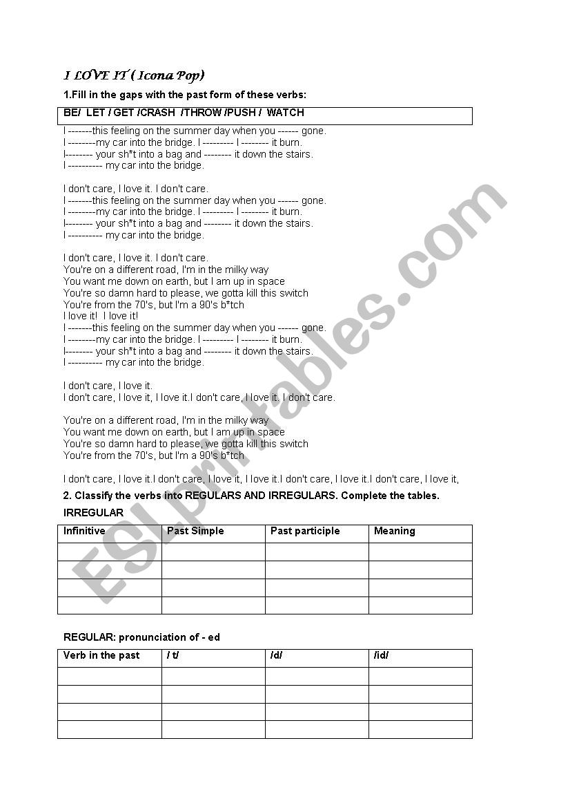 SONG  FOR PAST TENSE worksheet