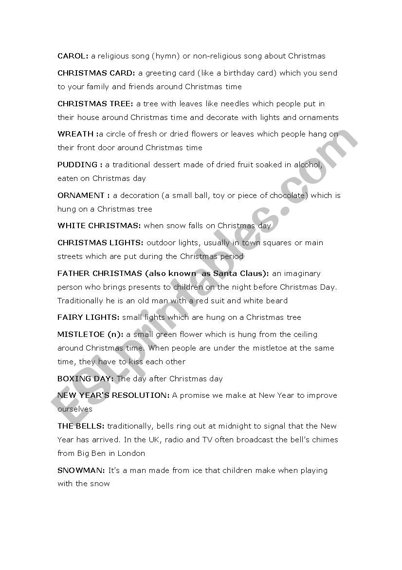 Christmas definitions worksheet