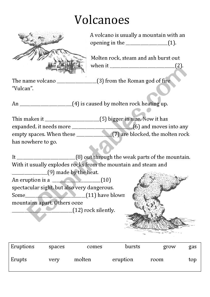 volcanoes cloze, quizz worksheet