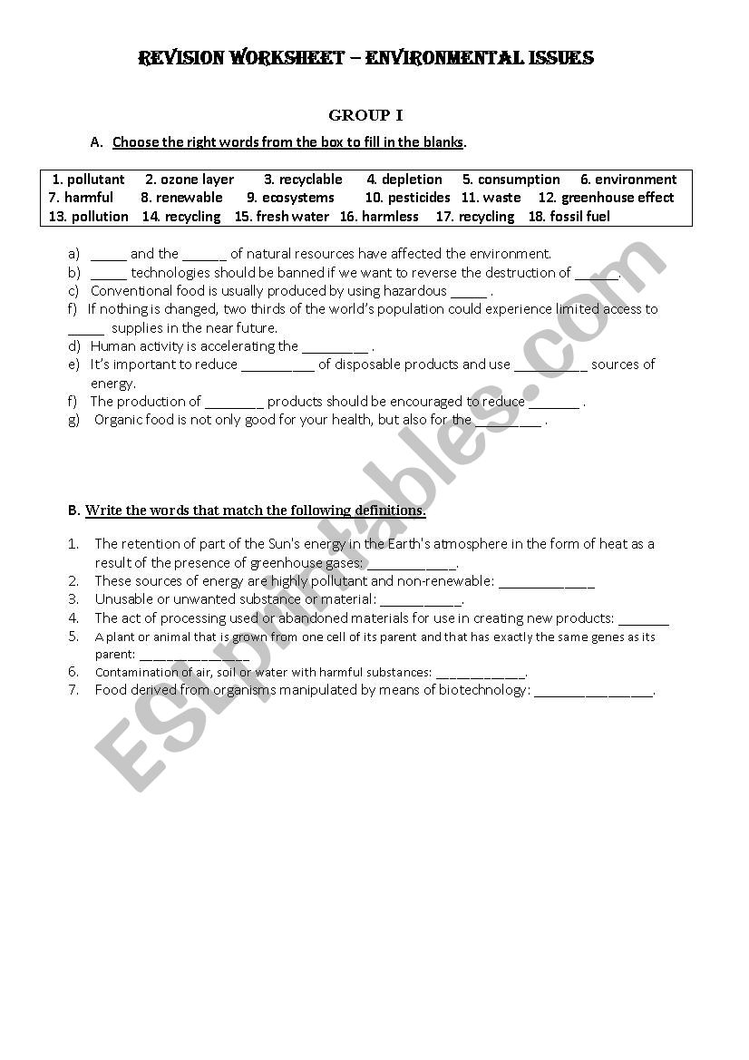 Revision Worksheet worksheet