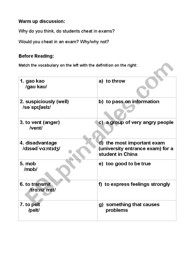 A reading lesson about cheating in exams