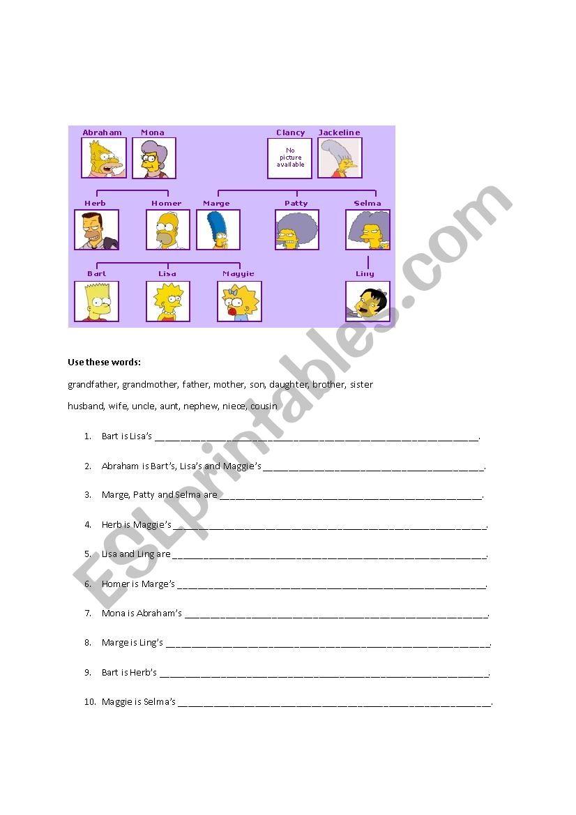 Simpsons Family Tree worksheet